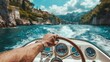 Hand of man on steering wheel sailboat. Hands on the sailboat's steering wheel Yacht. Close-up of a mans hands on yacht steering wheel. Helm yacht