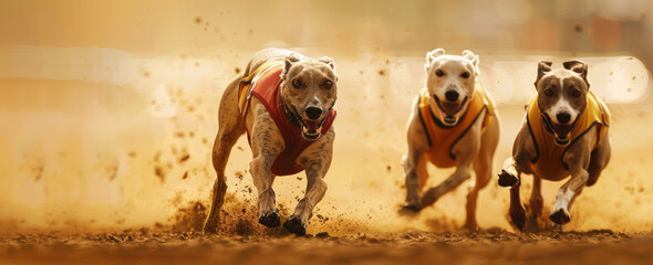 Wall Mural - greyhounds racing on the track, one dog in front with a white chest and red collar