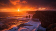 A spectacular sunset over a rugged coastline with waves crashing against the cliffs under a fiery sky.