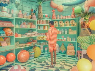 Wall Mural - A man is standing in a store with a lot of colorful items. The store is decorated with balloons and has a fun, playful atmosphere