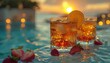 Cocktail with ice near the pool during summer time. Alcoholic beverage refreshment during summer heats near the pool. Orange and lemons
