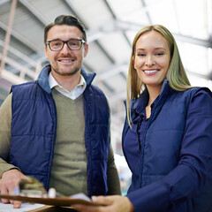 Aufkleber - Warehouse, portrait and people with clipboard for transport, inventory and boxes for shipping. Colleagues, teamwork and collaboration on import or export, factory and papers for logistics on delivery