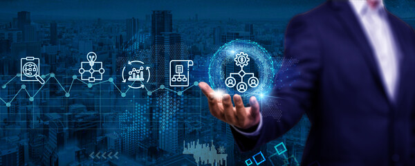 Concept of business workflow process management. Workflow automation system including a data graphic showing the departments' hierarchical structure inside a company. digital change.