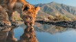 Lion cub looking the reflection of an adult lion in the water on a background of mountains
