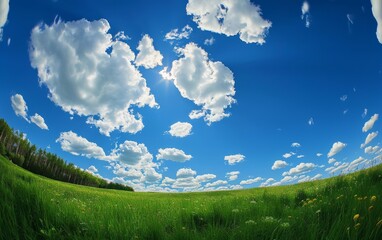 Wall Mural - A panoramic view of a field with a blue sky and clouds