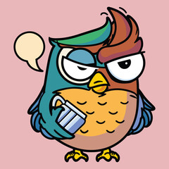 Wall Mural - Grumpy funny owl with cup of coffee vector cartoon character