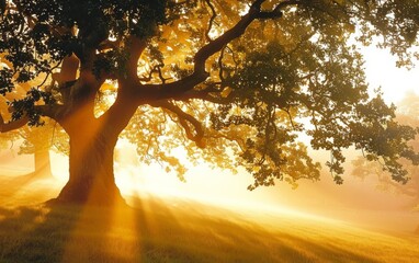 Wall Mural - A tree is silhouetted against the sun, casting a shadow on the ground