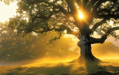 Wall Mural - A tree is silhouetted against the sun, casting a shadow on the ground