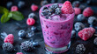 A glass of berry smoothie with raspberries, blackberries and blueberries on a dark background