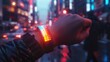 Mindful Communication Device, sleek wristband, translates emotions into colors and patterns, set in a bustling cityscape, with a soft backlight illuminating the scene, in a dreamy 3D render style
