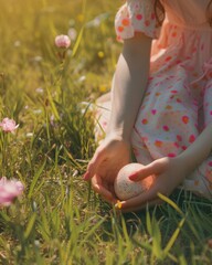 Poster - A woman is sitting in a field holding an egg