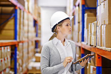 Poster - Woman, tablet and taking inventory in logistics warehouse for package distribution, delivery and stock. Female inspector person, digital device and hard hat in commercial shipping industry.