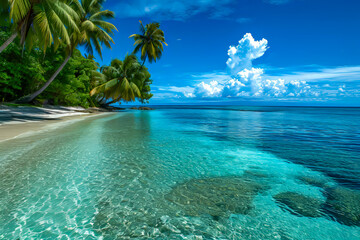 Sticker - Beautiful beach scene with blue sky white clouds and palm trees lining the shore.