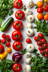 Sticker - Variety of vegetables including tomatoes peppers onions and cucumbers are laid out next to each other.