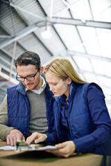 Aufkleber - Business people, clipboard and checklist with inventory for storage control in supply chain at warehouse. Young coworkers, team or employees reading documents or paperwork for distribution at factory