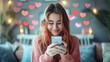 © Ellionn - A beautiful smiling young girl gets likes on social media networks. Successful popular blogger. Social approval concept. Virtual life. Heart icons around a influencer woman. Phone user.