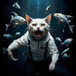 Fierce cat chaos feline frenzy with flying fish treat