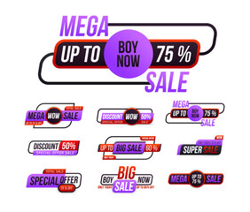 Sale tags collection on white background. Special offer, discount, best price, mega, big sale, banner set. Special offer banner for web design and discounts. Sticker, badge, coupon store. Vector.
