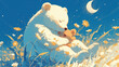 Illustration of a bear hugging a toy bear sitting in a field of flowers under a moon and starry sky