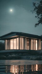 Sticker - A modern house with large glass windows and a beautiful view of the lake and mountains