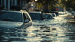 Extensive flooding in an urban area with cars submerged and streets turned into rivers due to extreme weather events.