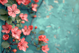 Fototapeta Kwiaty - Pink flowers on blue wall, petal, flower head, blossom, freshness