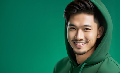 Smiling young Asian man in green hoodie on solid green background, concept of casual wear, vibrant youth, St Patrick's Day