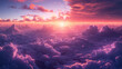 Dawn is above the clouds, the sun shines in warm tones mixed with pink and purple.