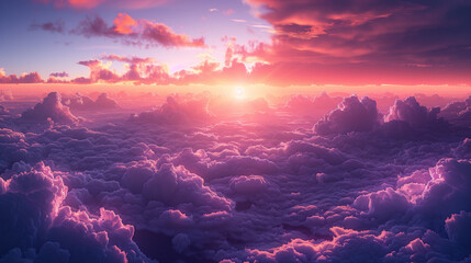 Wall Mural - Dawn is above the clouds, the sun shines in warm tones mixed with pink and purple.