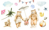 Fototapeta Dziecięca - Watercolor nursery summer set of sea travel. Hand painted cute animal family of bear character, baby toys, clouds, beach, shells, palm, sand. Trip card, illustration for baby shower design, kids print