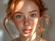 A woman with red hair and green eyes. She has a light skin tone and a freckled face