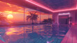 Hotel mit Pool, Hotel mit Swimmingpool, Retro Hotel, Retro Pool, Pool mit Pflanzen, 90s, 80, 80er, 90er, Sonnenuntergang im Hintergrund, Synthwave Vibe, Vaporwave Kunst 