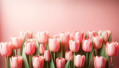 Wall Mural - vibrant pink tulips in full bloom against a soft pink background. spring beauty concept. generative 