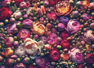 Wall Mural - close-up of colorful peonies and buds, rich textured floral pattern. generative ai