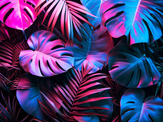 Wall Mural - vibrant digital art of pink and blue tropical leaves under neon light. generative ai