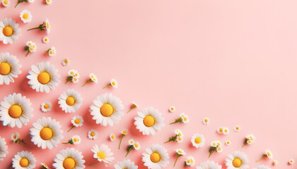 Wall Mural - Scattered daisy flowers on a soft pink background. Spring concept. Generative AI