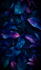 Wall Mural - artistic rendering of tropical foliage in deep blue and purple hues. visual art concept. generative 