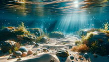 An Underwater Scene With Sunbeams Illuminating Sand, Rocks, Seashells, And Aquatic Plants On The Ocean Floor. Generative AI