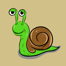 Illustration Of A Cartoon Green Snail Crawling On A Brown Background