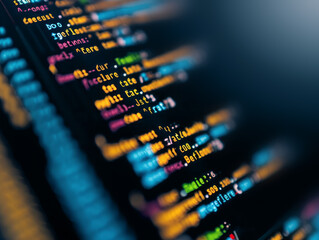 Wall Mural - Focused view of code on a computer monitor, portraying a concept of software development on a blurred dark background. Generative AI