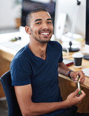 Aufkleber - Web designer, employee and portrait of confident man at desk in coworking office for creating, plans and schedules. Young professional, computers and technology for online web development career.