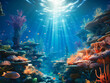 A vibrant underwater seascape with coral reefs and fish, illustrated style, on a sunlit background, concept of marine life. Generative AI