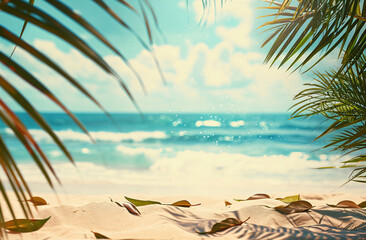 beach background with palm leaves on the sand blue wate 1bc73c45-2d1e-4e26-b20d-b5d6aa9f2c21