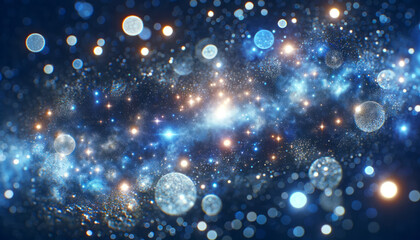 Wall Mural - an abstract bokeh lights background, resembling a galaxy with a deep blue tone, symbolizing cosmic a