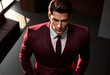 Confident young man in a stylish maroon suit posing with intensity in an elegant interior, ideal for fashion, business, and Valentine's Day concepts