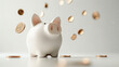 A piggy bank surrounded by flying coins on a neutral background, illustrating the concept of saving money. Generative AI