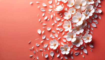Wall Mural - scattered cherry blossom petals on vibrant coral backdrop. ephemeral beauty concept. generative ai