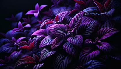 Wall Mural - artistic botanical composition with dynamic purple and pink leaves on a dark background. generative 