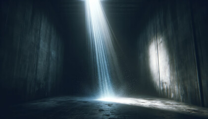 Wall Mural - Light streams entering through an opening in a dark room. Hope and new beginnings concept. Generative AI