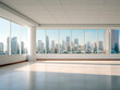 Bright, empty room with full length windows revealing a sprawling urban cityscape. Clean design concept Generative AI